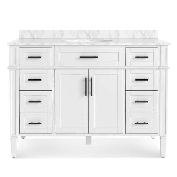 Aweyoto Roosevelt 48 in. W x 21.5 in. D x 35 in. H Single Sink Freestanding Bath Vanity in White with White Carrara Marble Top