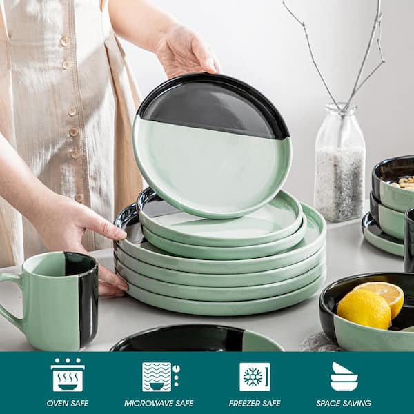 Vancasso Dipped Glaze 16-Piece Black Green Stoneware Dinnerware Set Plates Bowls Set Service for 4, Green & Black