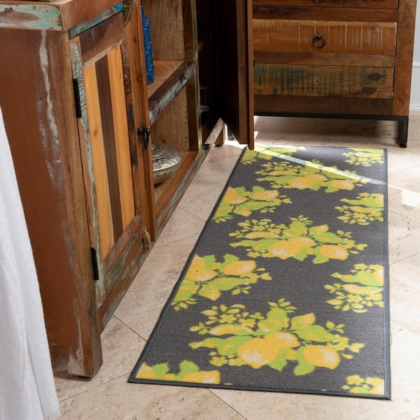 Glamour Collection Non-Slip Rubberback Lemons Design 2x5 Kitchen Runner Rug, 1 ft. 8 in. x 4 ft. 11 in., Gray Lemons