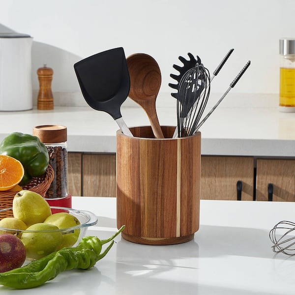 Black Stainless Steel Acacia Wood Utensil Holder for Kitchen Counter, 7.2 in. 360° Rotating Cooking Utensil Crock