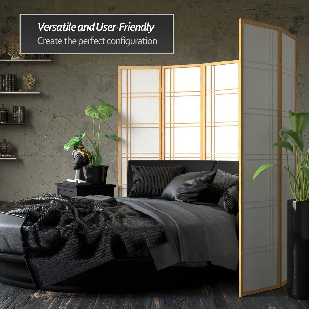 Natural Wood and Shoji Rice Paper 4-Panel Room Divider