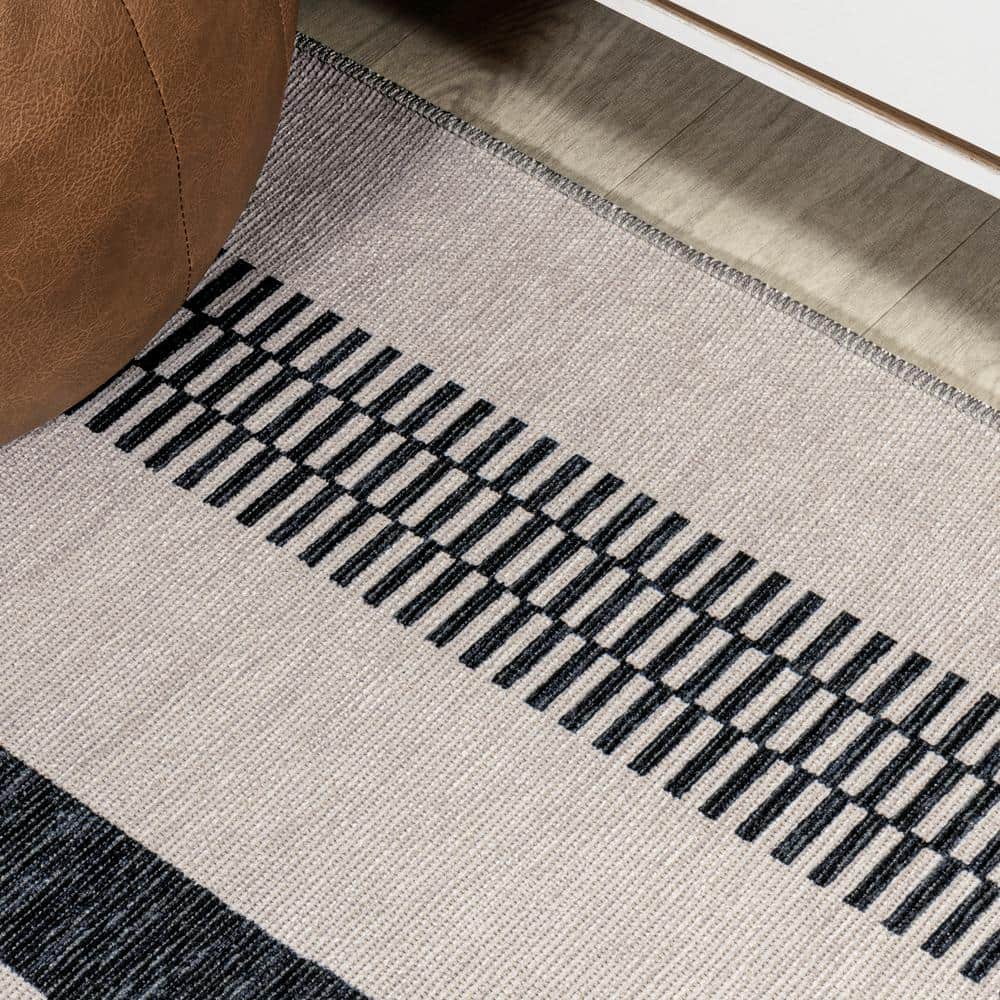 Modern Handcrafted Cream/Black Stripe Synthetic 9' x 12' Area Rug