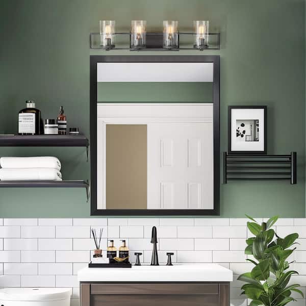 Industrial Gray 4-Light Vanity Light with Clear Seeded Glass Shade for Bathroom Powder Room