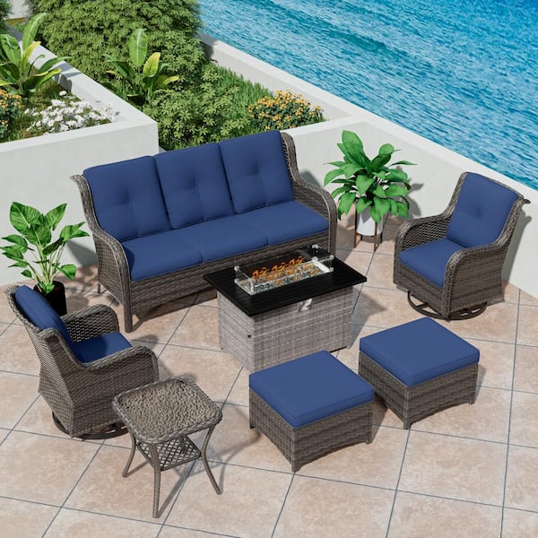 MeetLeisure 7-Piece PE Rattan Wicker Patio Conversation Set Outdoor Chairs and Fire Pit with Blue Cushion