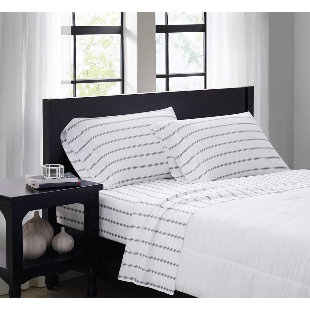 White and Grey Ticking Stripe Full Microfiber Sheet Set