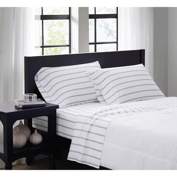 Truly Soft Ticking Stripe 4-Piece White/Grey Microfiber King Sheet Set