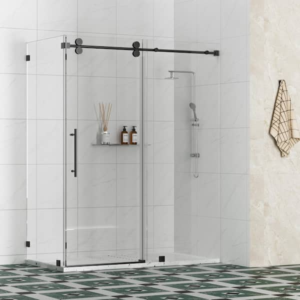 Kobiworks Radiance 54 in. W x 34 in. D x 76 in. H Sliding Frameless Corner Shower Enclosure in Matte Black with Clear Glass