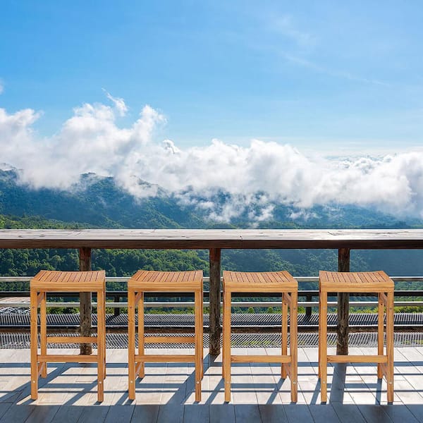 Set of 4 Acacia Wood Bar Stool 30-Inch Height Bar Chair with Saddle Shaped Sea