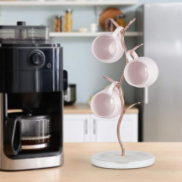 Anqtovp 4-Hook Rose Gold Finish Leaf Shaped Mug Tree with Solid Wood Base Coffee Tea Cup Holder Stand for Countertop Organizer