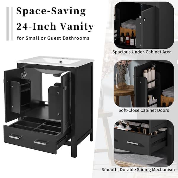 24 in. W Modern Freestanding Single Sink Black Bath Vanity with White Ceramic Top, Door Storage Rack (Unassembled)