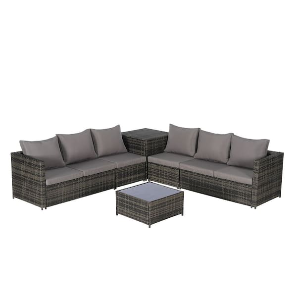 6-Piece Wicker Patio L-Shaped Sectional Tempered Glass Table and Dark Gray Cushions, Weather Resistant