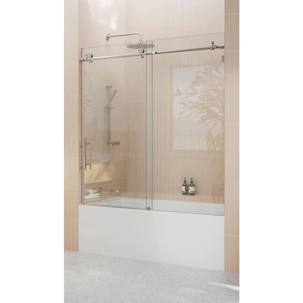 56 in. W x 60 in. H Sliding Frameless Bath Tub Shower Door in Brushed Nickel Finish