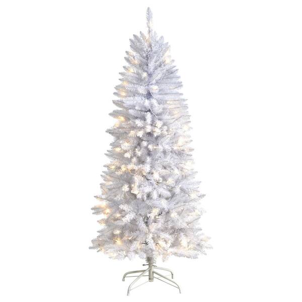 Nearly Natural 5 ft. White Pre-Lit LED Slim Artificial Christmas Tree ...
