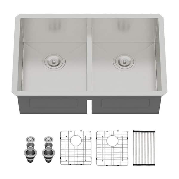 36 in. Undermount Low Divide Sink Double Bowl 50/50 16 Gauge Brushed Stainless Steel Kitchen Sink with Bottom Grid