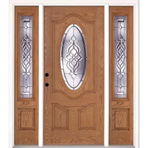 63.5 in.x81.625 in. Lakewood Zinc 3/4 Oval Lite Stained Light Oak Right-Hand Fiberglass Prehung Front Door w/Sidelites