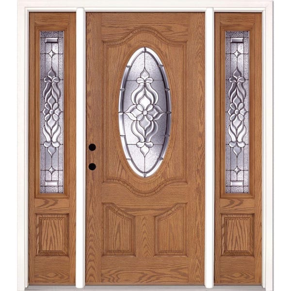 Feather River Doors 63.5 in.x81.625 in. Lakewood Zinc 3/4 Oval Lite Stained Light Oak Right-Hand Fiberglass Prehung Front Door w/Sidelites
