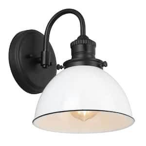 Savannah Farmhouse 8 in. Matte Black Indoor Wall Sconce with White Shade (1-Light)