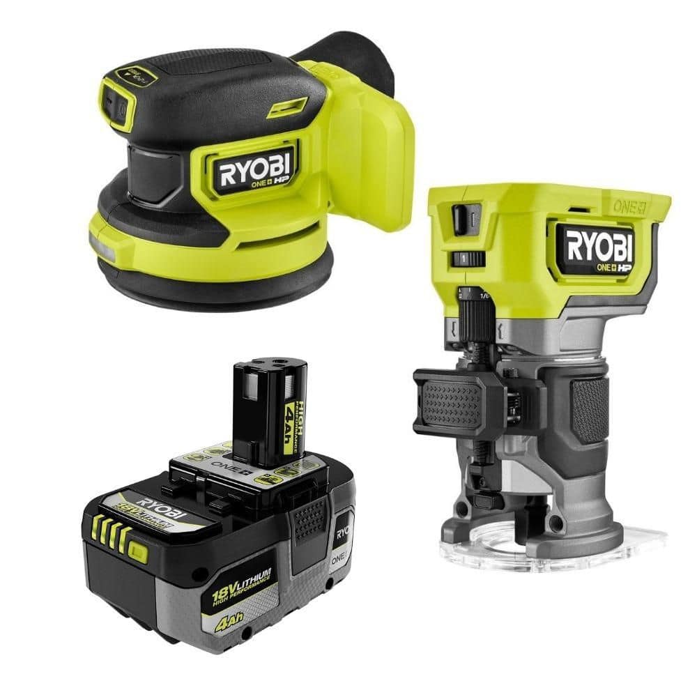 RYOBI ONE+ HP 18V Brushless Cordless Compact Router & 5 in. Random Orbit Sander Kit w/ ONE+ 4Ah HIGH PERFORMANCE Battery (RR01SD01PBP004)