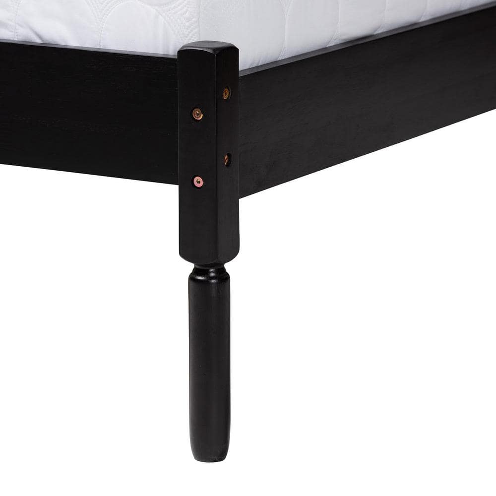 Queen Black Wood Platform Bed with Woven Rattan Headboard