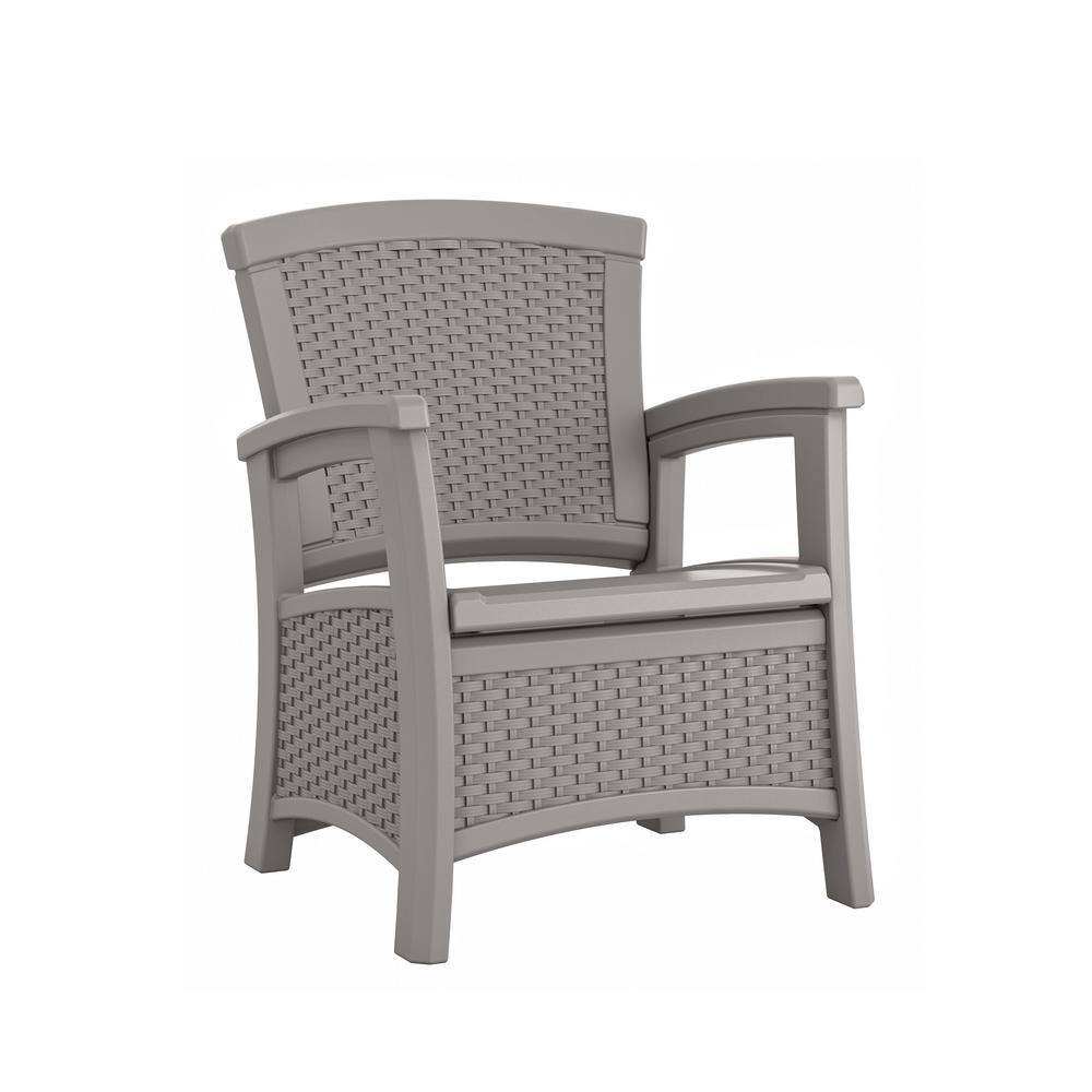 Dove Gray Wicker-Style Plastic Outdoor Armchair with Storage