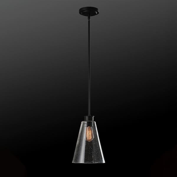 Gizele 1-Light Matte Black Pendant Light with Seeded Glass Shade, Vintage Edison Incandescent Bulb Included