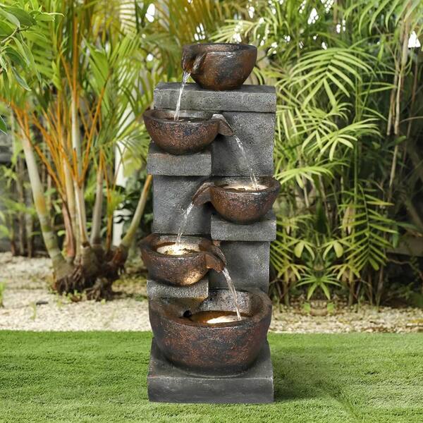 Watnature 32 4 In Resin Fiberglass Garden Fountain 5 Urns Falling Water Indoor Outdoor With Led Lights Gpf210002 Falling Water Indoor Outdoor Fountain, Falling Water Outdoor Fountain