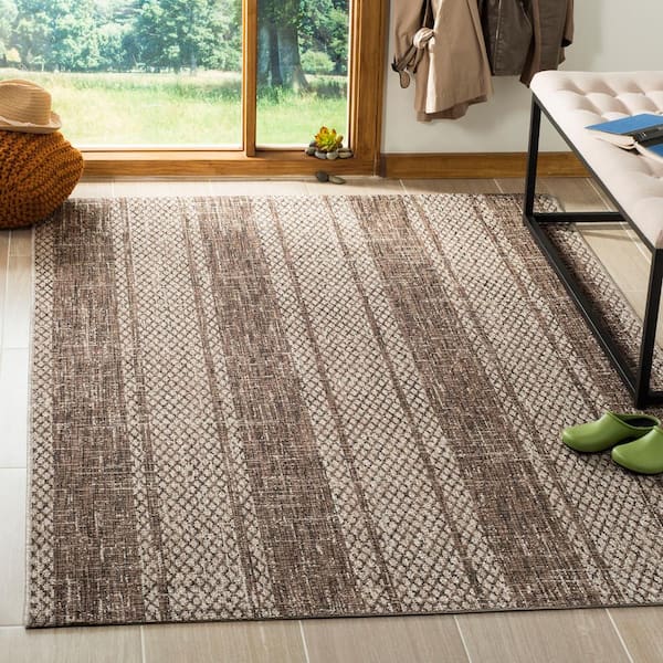 Courtyard Light Beige/Light Brown Doormat 3 ft. x 5 ft. Distressed Striped Diamond Indoor/Outdoor Patio Area Rug
