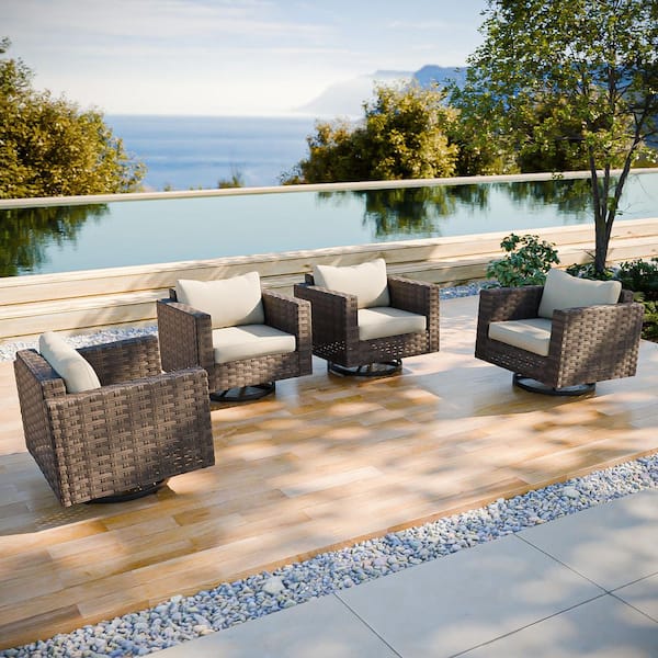 Patio Brown Swivel Wicker Outdoor Rocking Chair with Beige Cushions (4-Pack)