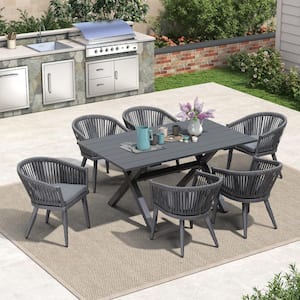 7 Piece Aluminum All-Weather PE Rattan Rectangular Outdoor Dining Set with Cushion, Grey