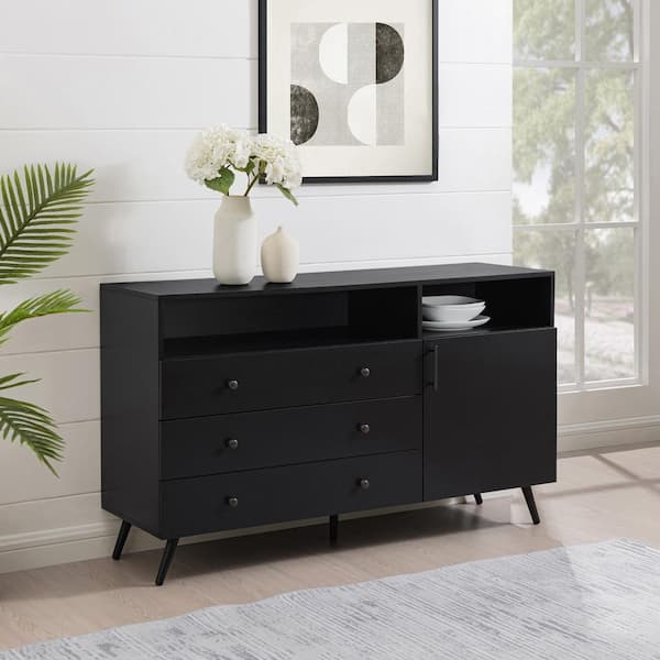 Walker Edison Furniture Company Solid Black Wood and Metal Modern 3-Drawer Sideboard with 1 Door