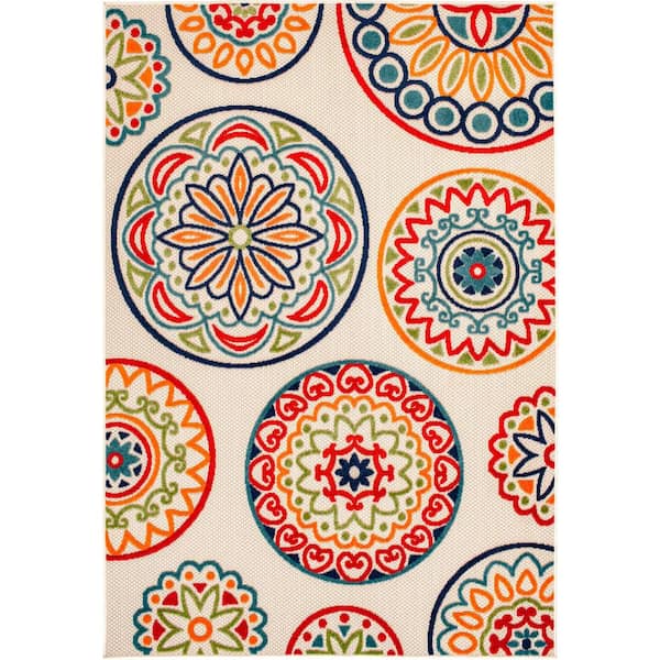Mairinten Cream/Blue 9 ft. 10 in. x 12 ft. 10 in. Polypropylene Indoor/Outdoor Area Rug