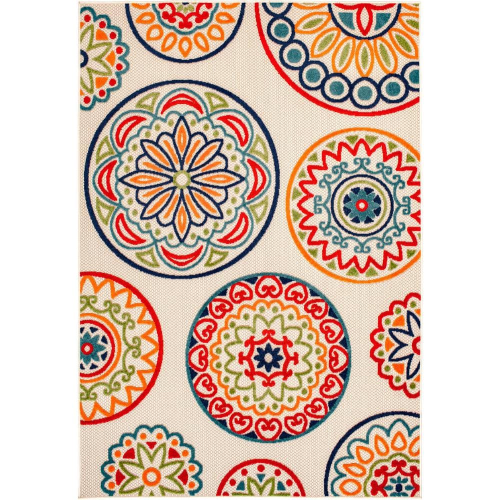 Cream Multicolor Medallion Woven Polypropylene Outdoor Area Rug 2'2" x 3'