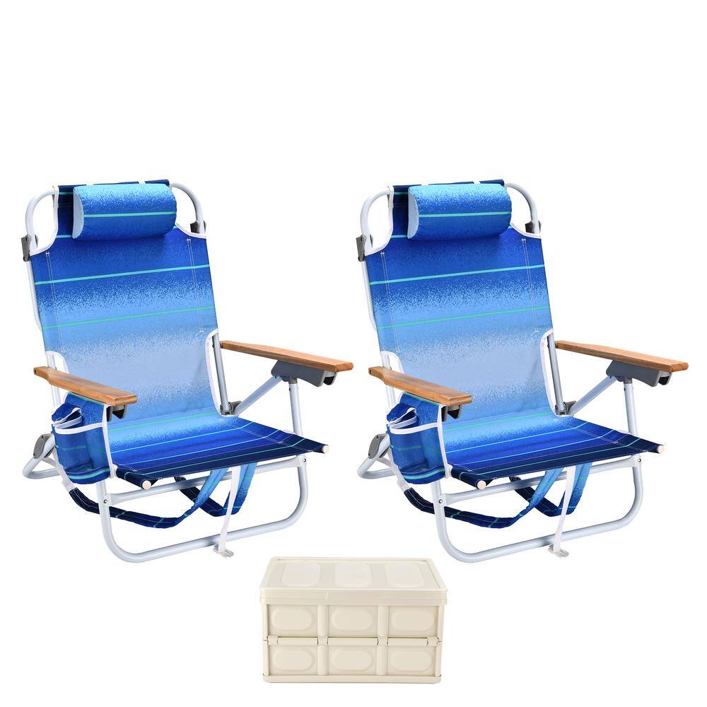 2-Pieces Gradient Blue Stripes Aluminum Folding Beach Chair, Lightweight Ba
