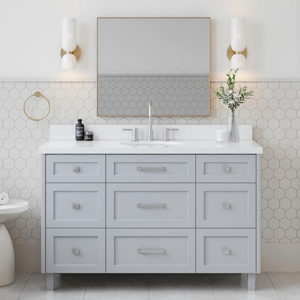 ARIEL Monroe 54 in. Single Sink Freestanding Bathroom Vanity in Gray with Pure White Quartz Top