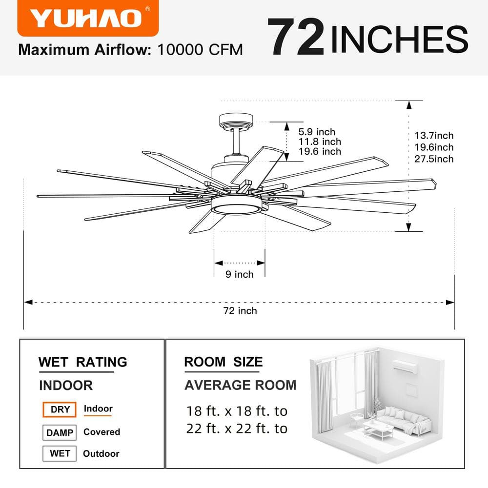 72-Inch Black Plywood Blade Ceiling Fan with LED Light and Remote