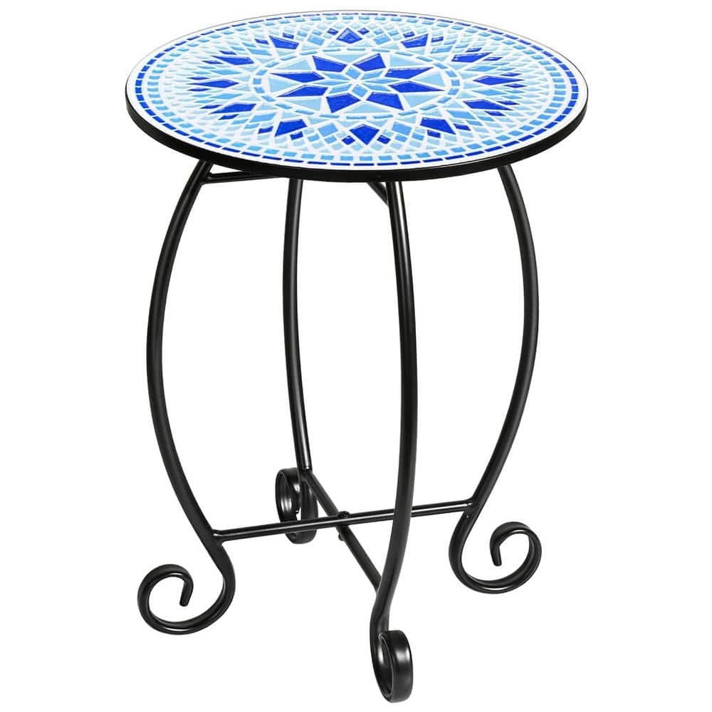 Persian Blue Round Ceramic Tile Tabletop with Metal Frame Outdoor Side Tabl