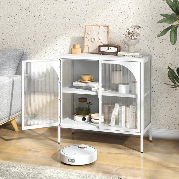 FUNKOL 31.5 in. x 13.8 in. x 31.5 in. White Metal Storage Cabinet w/2 Glass Cabinet-Doors and Adjustable Shelves Holds 200 lbs.