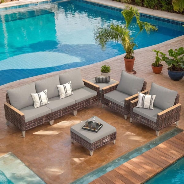 Modern 5-Pieces 7-seats Metal & Hollowed Out Rattan Wicker Outdoor Sofa Sectional Set with Gray Cushions