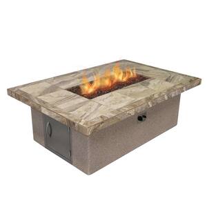 Stucco and Tile Rectangle Gas Fire Pit with Log Set and Lava Rocks