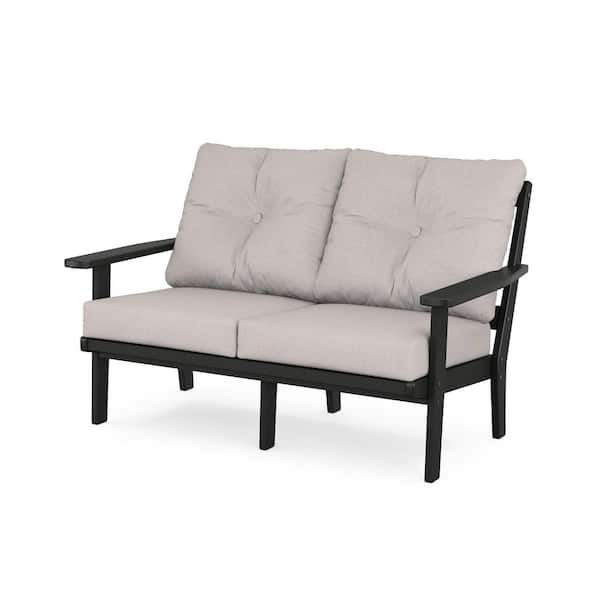 POLYWOOD Oxford Deep Seating Plastic Outdoor Loveseat with in Black/Dune Burlap Cushions