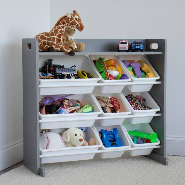 grey toy organizer with shelf and 9 storage bins