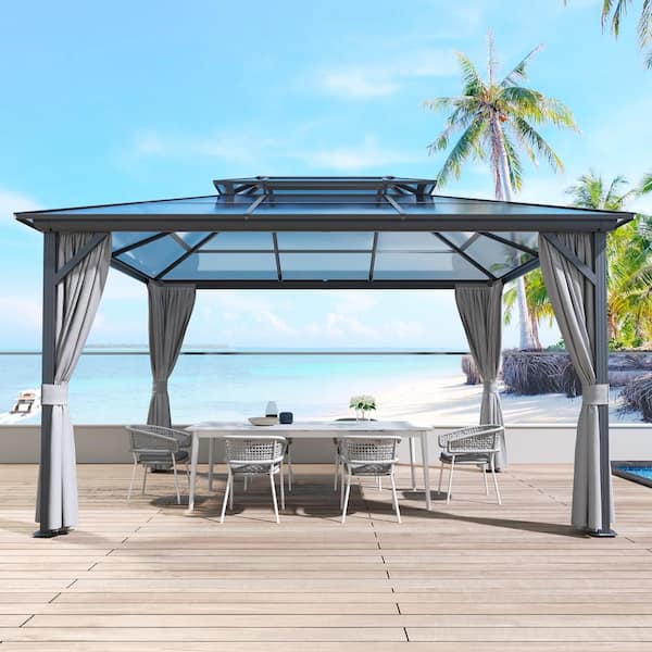 JOYSIDE 10 ft. x 13 ft. Polycarbonate Double Roof Hardtop Aluminum Gazebo with Ceiling Hook, Mosquito Netting and Curtains