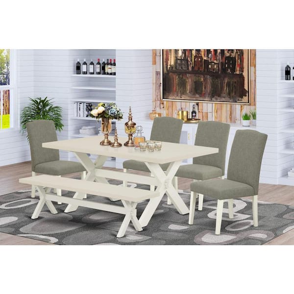 East West Furniture 6-Piece Rectangle Natural Oak Finish Solid Wood Top Dining Table with 1-Bench, 4-Chairs with Lattice Back