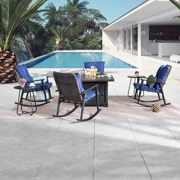7-Piece Metal Patio Conversation Set with Blue Cushion