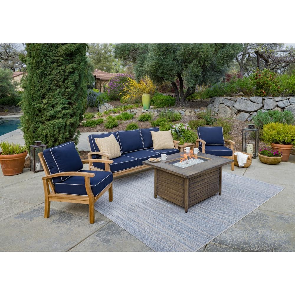Indonesian Teak Sofa and Fire Table Patio Conversation Set with Navy Sunbre