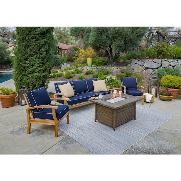 Tortuga Outdoor Indonesian Teak Sofa and Fire Table Patio Conversation Set with Navy Sunbrella Cushions (5-Piece)