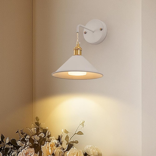 9 in. Cone Shade White Metal Sconce Lighting with Bulbs (2-Pack), Wall Mounted Lamp for Living Room, Bedroom, or Hallway
