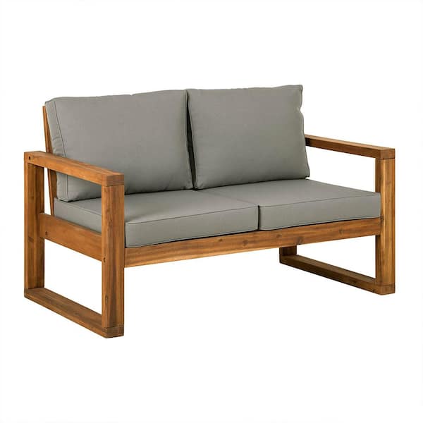 Unbranded Brown Acacia Wood Outdoor Loveseat with Gray Cushions, Backrest and Durable Frame for Patio, Deck, Garden