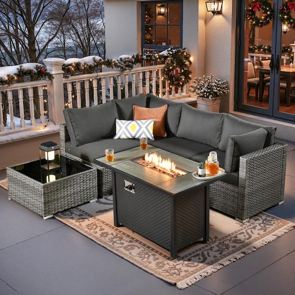 Daffodil J Gray 6-Piece Wicker Patio Outdoor Conversation Sofa Set with Gas Fire Pit and Black Cushions