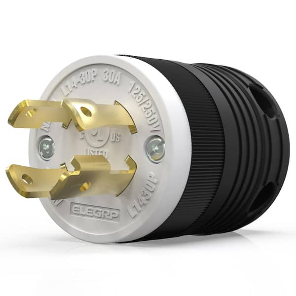 30 Amp 125-Volt/250-Volt NEMA L14-30P Locking Plug, Industrial Grade Grounding Heavy Duty, Black/White
